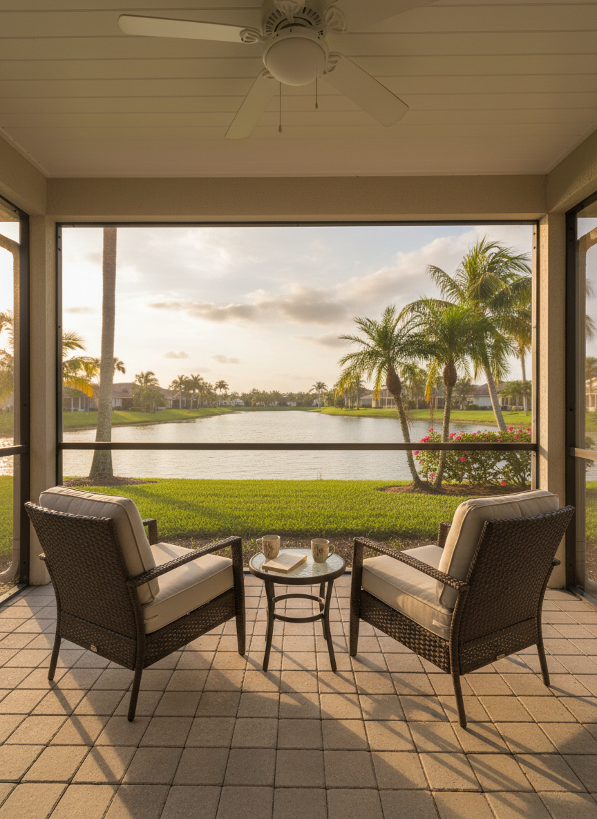 A serene view from a covered patio of a South Florida home in a 55+ community, looking out over a tranquil lake edged with neatly trimmed grass and scattered palm trees. In the foreground, a pair of empty cushioned wicker chairs and a small glass-topped side table sit on a neutral-toned paver surface, oriented toward the water. The late-afternoon golden hour sun reflects off the lake, creating sparkling highlights and soft, elongated shadows from the chairs. Captured from a seated-eye perspective in photographic realism, the composition emphasizes depth, drawing the viewer’s gaze across the patio to the distant far shore and soft pastel sky. The mood is peaceful, leisurely, and retirement-ready, evoking the lifestyle appeal of Palm Beach County communities.