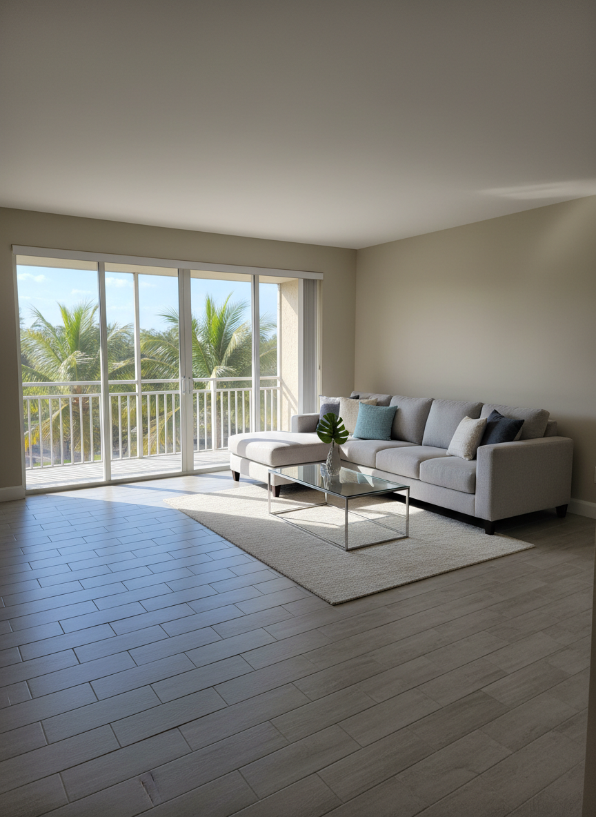 A bright, contemporary South Florida condo living room staged for first-time buyers, featuring neutral sand-colored walls, a light gray sectional sofa with textured throw pillows, a sleek glass coffee table, and wide-plank wood-look tile floors. Through large sliding glass doors, a screened balcony overlooks a hint of palm trees and blue sky. Natural mid-morning light floods the space, creating soft highlights on the glass and gentle shadows beneath the furniture. Captured at a slightly elevated angle with sharp focus throughout, the composition follows a clean, modern aesthetic in photographic realism. The mood is fresh, organized, and optimistic, ideal for showcasing move-in-ready properties to buyers imagining their first home in Palm Beach County.
