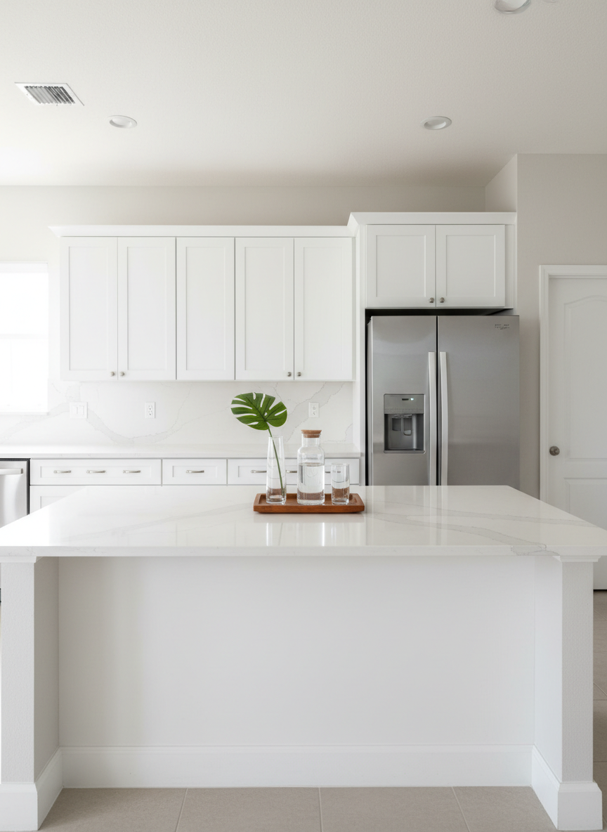 A polished kitchen in a Boynton Beach single-family home, showcasing white shaker cabinets, subtle brushed-nickel hardware, light quartz countertops with delicate veining, and a stainless-steel French-door refrigerator. A large island with waterfall edges holds a small, tasteful tray with a clear glass carafe of water, two empty highball glasses, and a simple green tropical leaf in a narrow vase. Bright, even daylight from an unseen window illuminates the surfaces, producing crisp reflections on the appliances and gentle shadows at the cabinet toe-kicks. Captured from a slightly wide-angle view at counter height in photographic realism, the composition highlights clean lines and abundant space. The atmosphere feels modern, spotless, and move-in ready, ideal for marketing high-demand Palm Beach County listings.