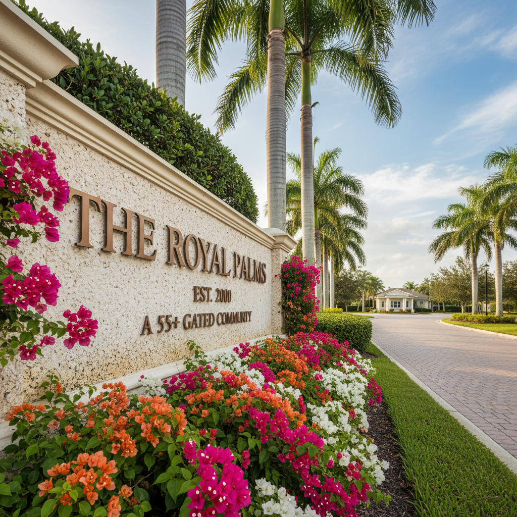An elegant entrance sign for a South Florida 55+ gated community, built from creamy coquina-style stone with engraved bronze lettering, surrounded by vibrantly colored bougainvillea, carefully clipped hedges, and tall royal palms. A curved brick-paver driveway leads toward a distant guardhouse, slightly out of focus. Warm, diffused afternoon sunlight illuminates the stone textures and glossy green leaves, creating soft shadows that enhance depth. Shot from a slightly low angle in photographic realism, the sign dominates the foreground while the gated entry recedes into the background, suggesting privacy and security. The atmosphere feels upscale yet welcoming, conveying the stability and resort-style comfort associated with active adult communities in Palm Beach County.