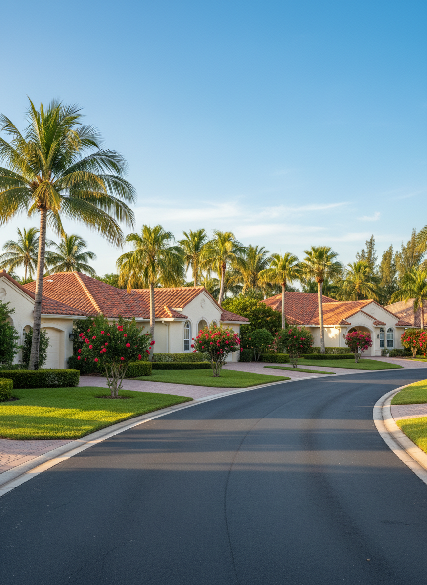A sunlit South Florida residential street lined with well-maintained single-family homes, each with pale stucco exteriors, barrel-tile roofs, and carefully manicured tropical landscaping. Palm trees, flowering hibiscus, and lush green lawns frame a gently curving asphalt road. Soft late-afternoon golden hour light bathes the scene, casting long, warm shadows across the driveways and emphasizing the texture of the stucco and roof tiles. Captured at eye level with photographic realism, the composition uses the rule of thirds to draw the eye down the street toward a bright blue sky with a few wispy clouds. The mood is calm, safe, and inviting, evoking the feel of a desirable Palm Beach County neighborhood perfect for relocation.