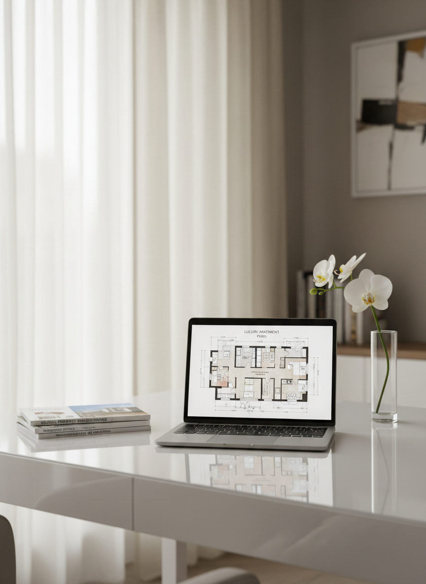 A refined home office corner designed for an international real estate transaction setting, with a minimalist white desk, a slim silver laptop displaying a detailed floor plan on screen, and a small stack of neatly arranged property brochures labeled with both English and subtle French headings. A simple glass vase holds a single white orchid, adding a touch of sophistication. Soft, indirect daylight filters through a nearby window with sheer curtains, creating a bright yet gentle ambiance. Photographed at an eye-level angle in photographic realism, the composition uses shallow depth of field to keep the laptop and brochures in crisp focus while the background fades to a pleasant blur. The atmosphere is professional, organized, and globally oriented, subtly suggesting French-speaking real estate services without depicting any people.